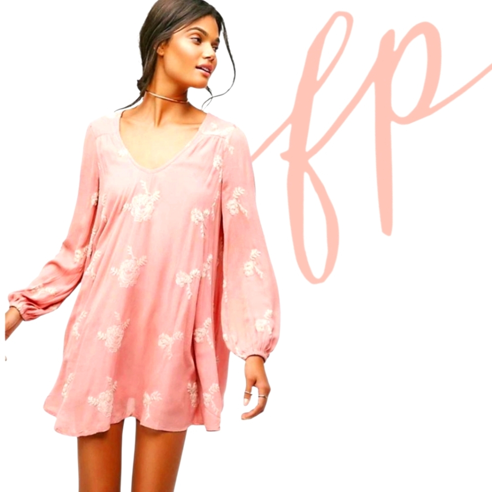 Free People *Austin Minidress Peachy Pink Embroidered Long Sleeves Open Back SM
